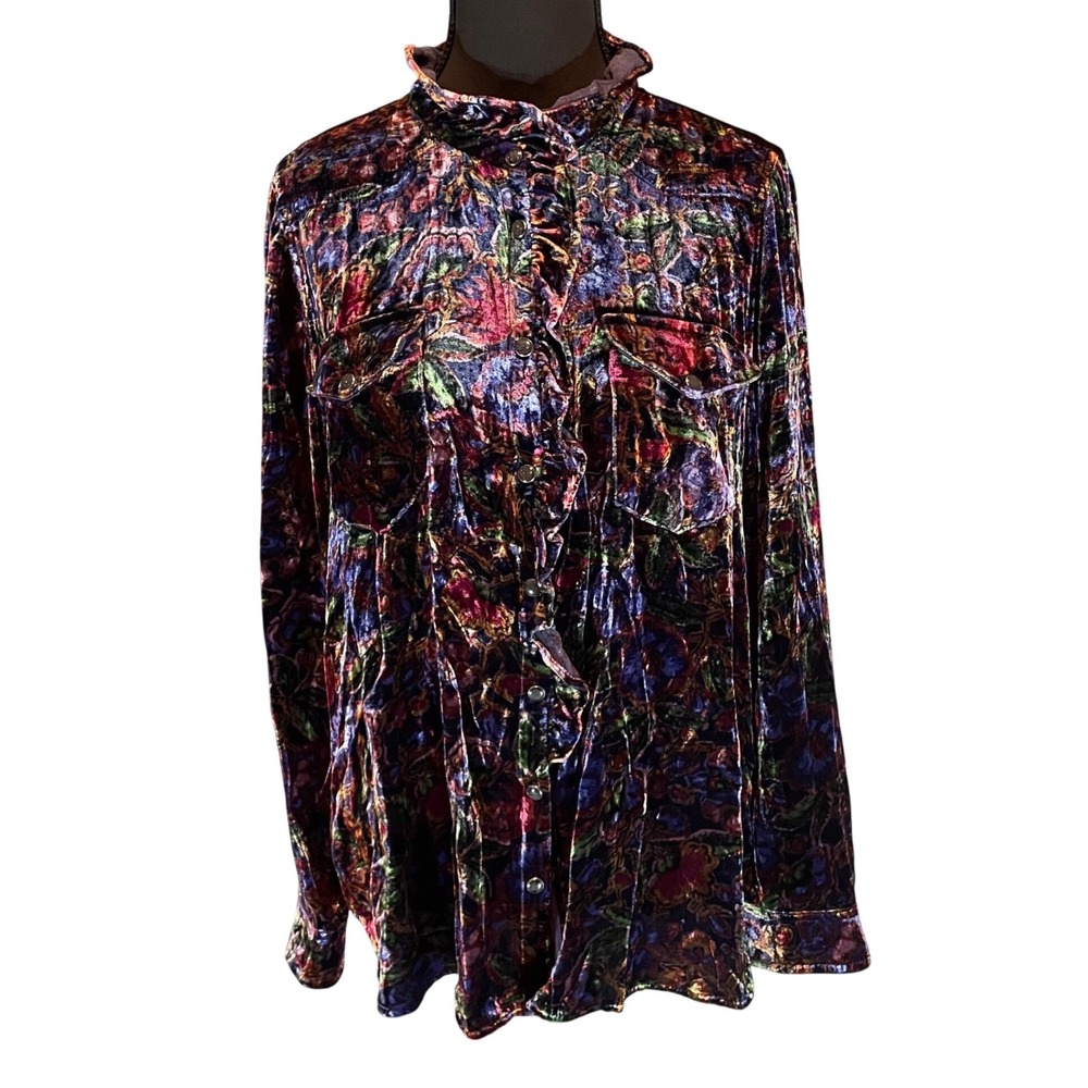 Sundance Women L Velvet Silk Floral Tapestry Ruffle Western Button‎ Down Shirt